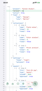 Android-Editor von JSONPad beim Bearbeiten eines formatierten JSON-Dokuments mit Syntaxhervorhebung, Einrückungshilfen und Zeilennummern.