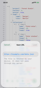 Dialog in JSONPad zum direkten Öffnen einer JSON-Datei über eine URL.