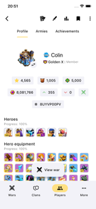 Spielerprofil mit Spielername, Clan, Trophäen und Kriegsstatistiken sowie Heldenstufen und Fortschritt der Heldenausrüstung.