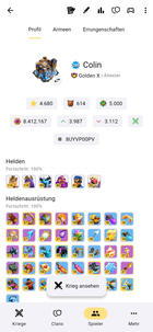 Spielerprofil mit Trophäen- und Sternezahl sowie dem Fortschritt bei Helden und Heldenausrüstung.