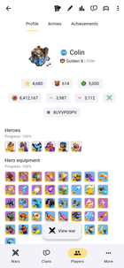 Player profile screen showing trophy and star counts next to hero levels and hero equipment upgrade progress.